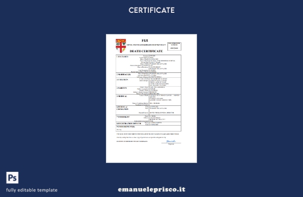 stile verificato Certificato di morte del documento di stato civile delle Fiji M